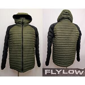 Flylow Goose Down Puffer Jacket Men's L Green/Black 600 FP Full Zip Hood #Z5041